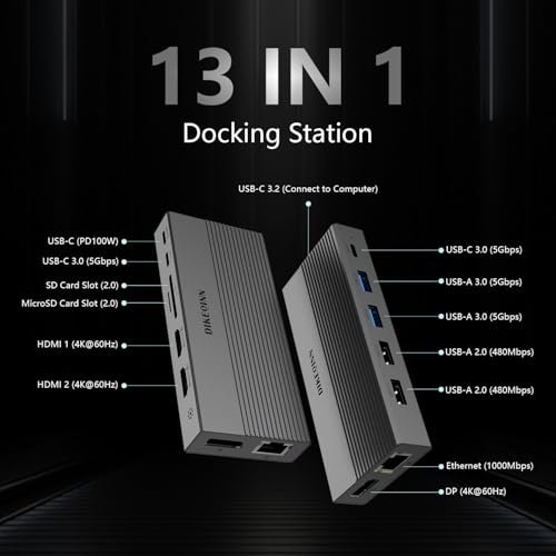 DIKEQINN Docking: 13-in-1 USB C Docking Station Triple 4K – Side View