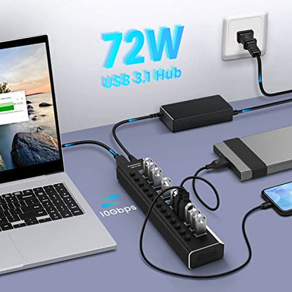 Powered USB Hub: Rosonway Aluminum 13 Port USB 3.1/3.2 Gen – Close-up Detail