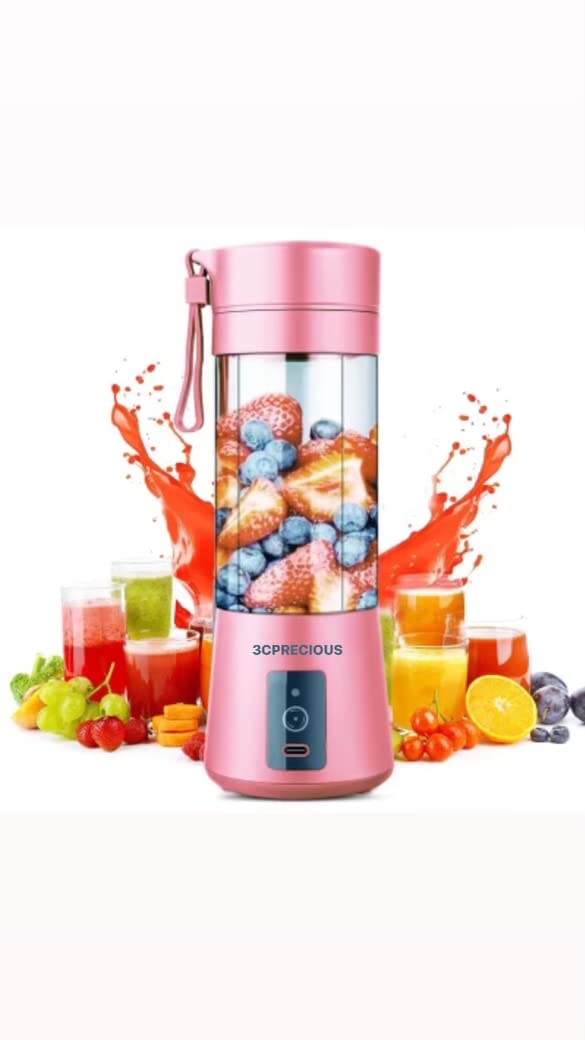 USB Portable Blender Juicer Cup, 3CPRECIOUS Fruit Juice mixer, Mini Portable Rechargeable Battery/Juicing Mixing Crush Ice Blender Mixer, 380ml (Pink)