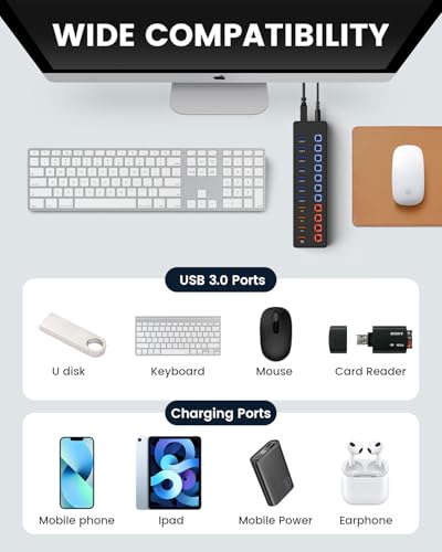 Powered Hub: 11-Port USB Hub Splitter with 7 USB 3.0 Data – Back View