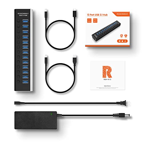 Powered USB Hub: Rosonway Aluminum 13 Port USB 3.1/3.2 Gen – Additional Angle