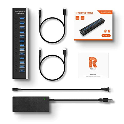 Powered USB Hub: Rosonway Aluminum 13 Port USB 3.1/3.2 Gen – Additional Angle
