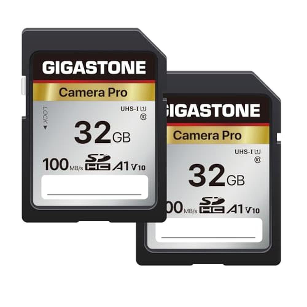 Camera Storage: GIGASTONE 32GB SD Card 2-Pack A1 V10 – Front View
