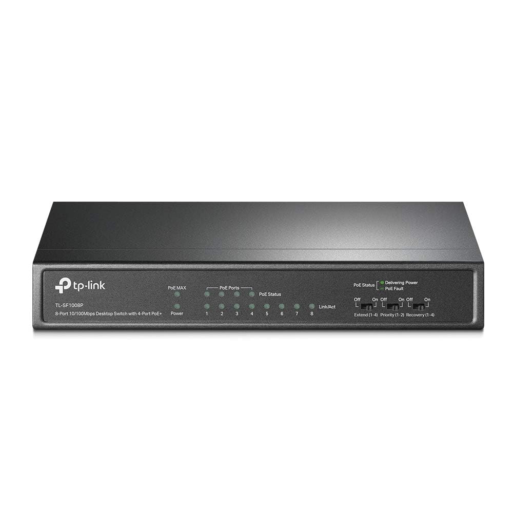 TP-Link TL-SF1008P, 8 Port 10/100Mbps PoE Switch, 4 PoE+ Ports @66W, Desktop, Plug & Play, Sturdy Metal Casing, Fanless, Extend & Priority Mode, PoE Auto Recovery,Black