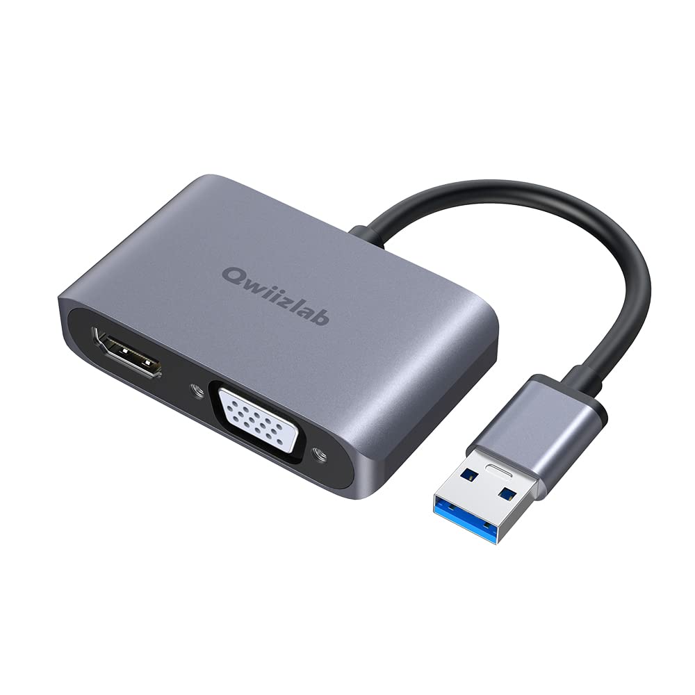 Qwiizlab USB 3.0 to HDMI VGA Adapter, 1080P@60Hz Video Converter, Supports Windows 7/8/10/11 Only, USB-A Data Port
