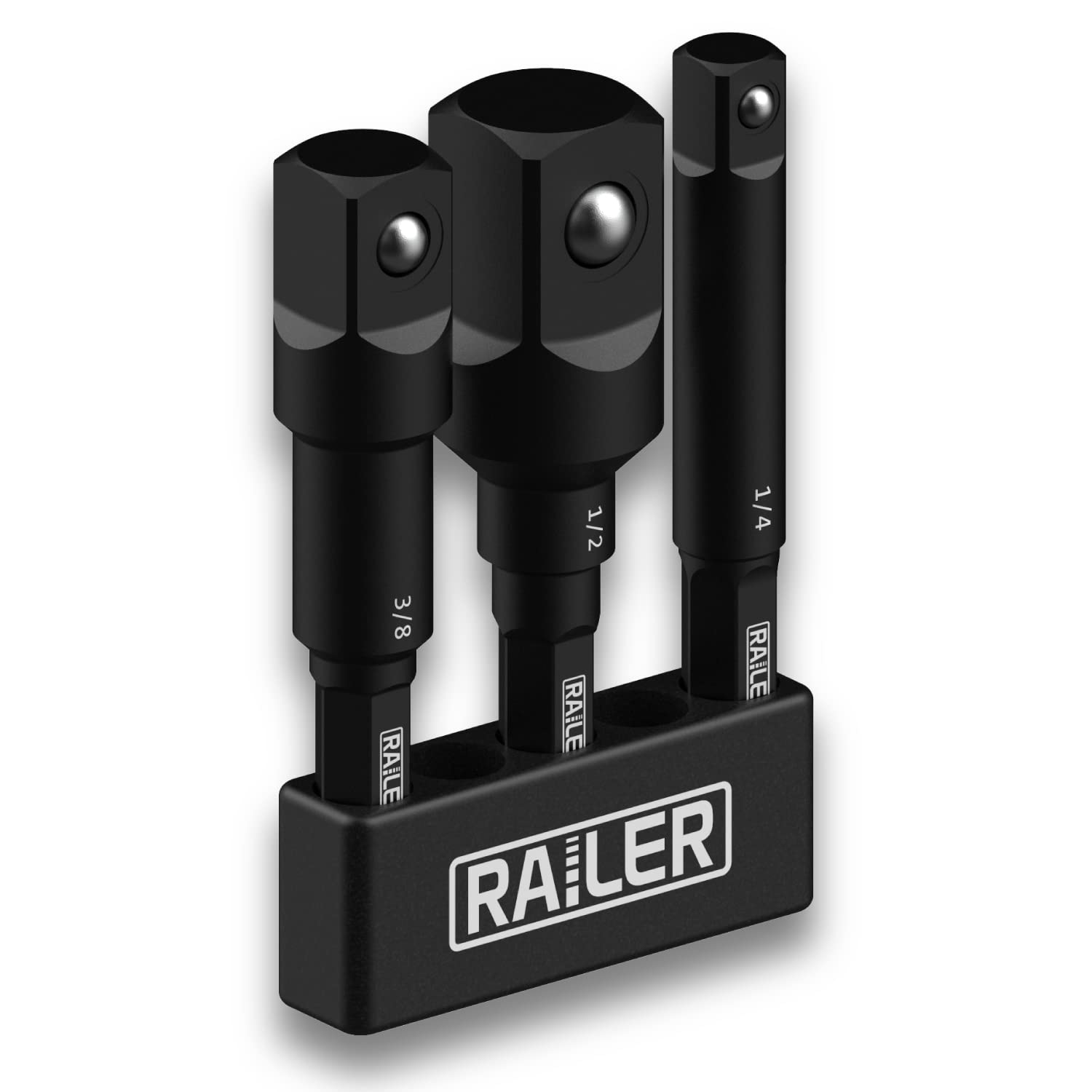 Railer Impact Grade Socket Adapter Set, 3" Extension Bit With BitRail. 1/4", 3/8", and 1/2" Drive Drill Impact Socket Extension Bit Adapter Socket Wrench Adapter Set