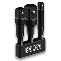 Railer Impact Grade Socket Adapter Set, 3" Extension Bit With BitRail. 1/4", 3/8", and 1/2" Drive Drill Impact Socket Extension Bit Adapter Socket Wrench Adapter Set