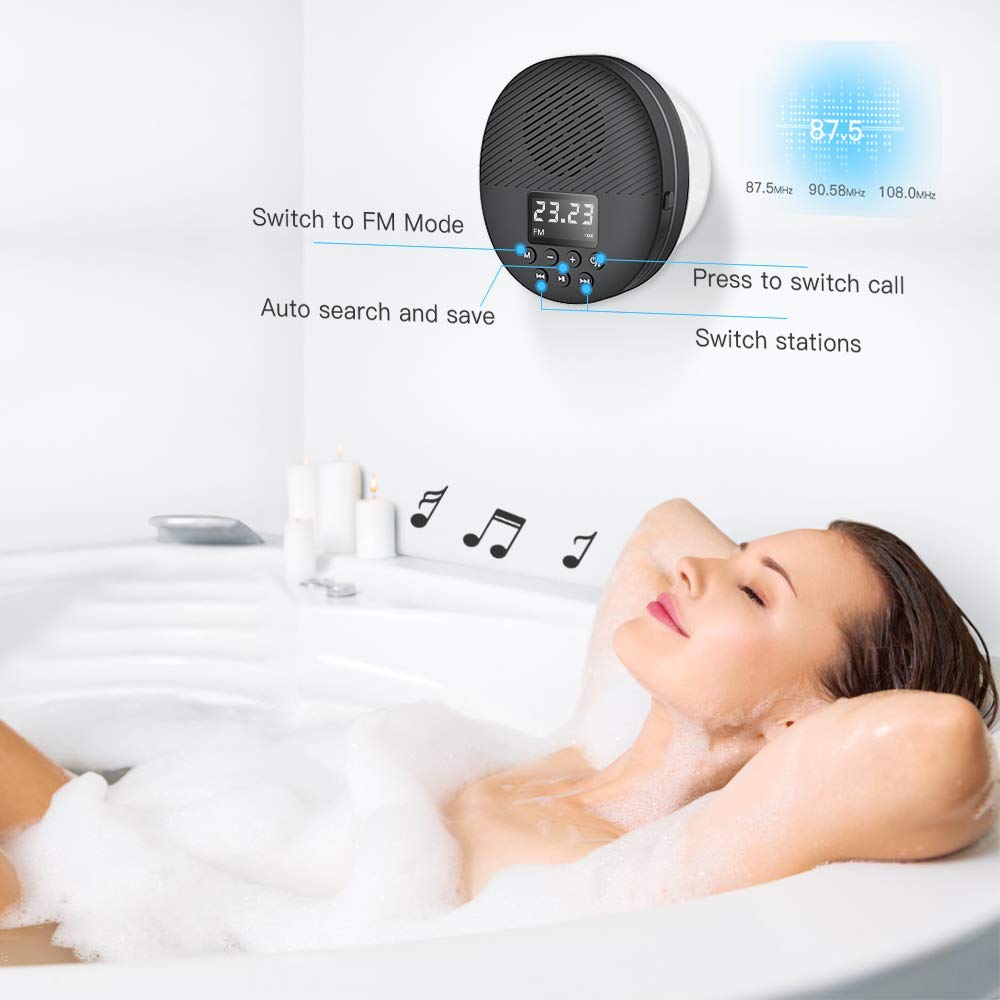 Shower Radio Speaker with Bluetooth 5.0, AGPTEK Waterproof Wireless Bathroom FM with LCD Screen Display, 12H Playback Time, Handsfree Calling, SD Card Playback, Suction Cup, Black