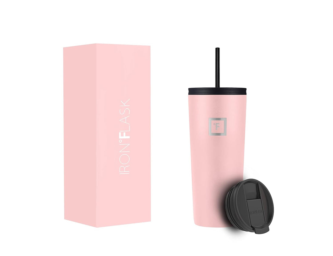 IRON °FLASK Classic Tumbler 2.0 - 24 Oz, 2 Lids (Straw/Flip), Vacuum Insulated Stainless Steel Bottle, Modern Double Walled, Simple Thermo Travel Mug, Hydro Water Metal Canteen - Rose