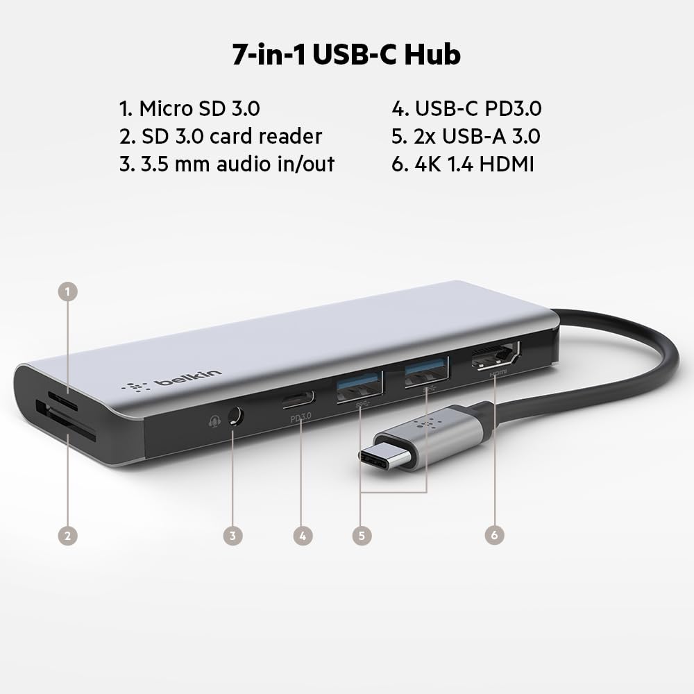 Belkin USB C Hub, 7-in-1 MultiPort Adapter Dock with 4K HDMI, USB-C 100W PD Pass-Through Charging, 2 x USB A, 3.5mm Audio, SD 3.0 Slot and Micro SD 3.0 for MacBook Pro, Air, iPad Pro, XPS and More