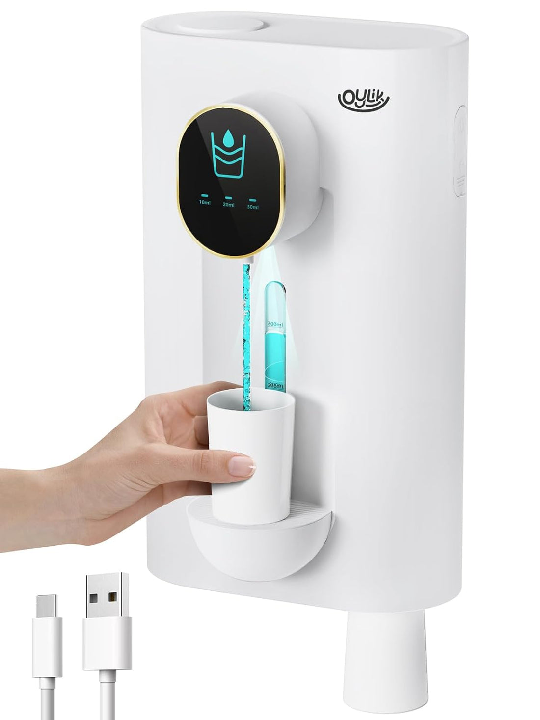 Oylik Automatic Mouthwash Dispenser 18.26 oz,Touchless Wall Mounted Mouth Wash Dispenser with USB Charging,2 Magnetic Cups,Led Screen,3 Mode Liquid Volume Adjustable for Kids and Adults-White…