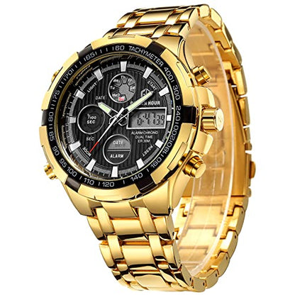 Golden Hour: Luxury Stainless Steel Analog Digital Watch – Front View