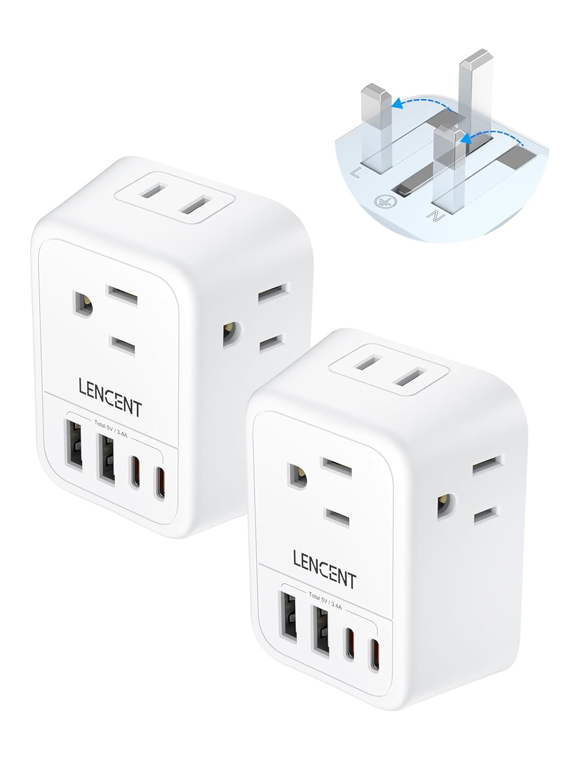LENCENT 2X UK Plug Travel Adapter, Charger with 4 AC Outlets and 4 USB Ports (2 USB-C), American to English Type G Plug Converter with Earth Outlet, for UK, Ireland, Hong Kong