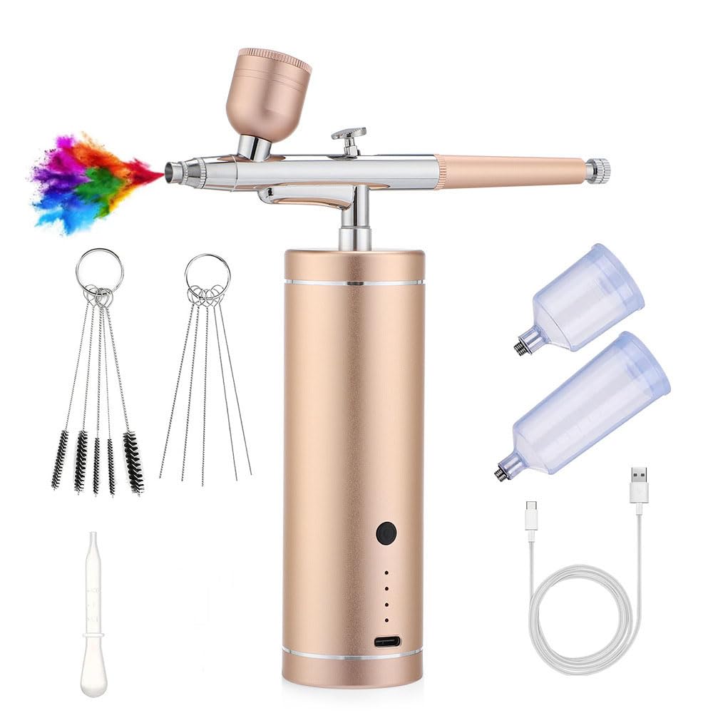 Airbrush Kit with Compressor, Rechargeable Handheld Cordless Air Brush, Portable Cordless Auto Airbrush Gun Kit, Airbrush Gun Kit, for Tattoo, Nail Art, Makeup, Model Painting (GOLDEN)