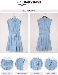 FARYSAYS Women's Ruffle Sleeveless Round Neck Waist Tie Casual Short Mini Swing Dress, Blue, Large