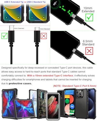 1M USB Type C Charger Cable Extended 10mm Tip compatible – Side View