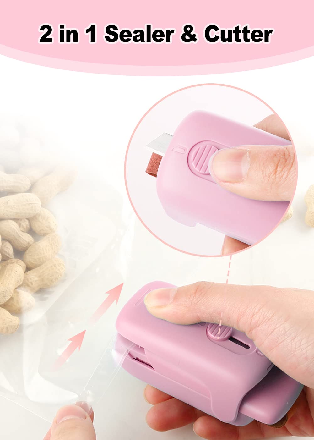 NOBVEQ Mini Bag Sealer, Handheld Heat Vacuum Sealer, Cutter with Lanyard and 2 in 1 Heat Sealer, Portable Bag Resealer Machine for Plastic Bags Food Storage Snacks Freshness(Batteries Included)-PINK