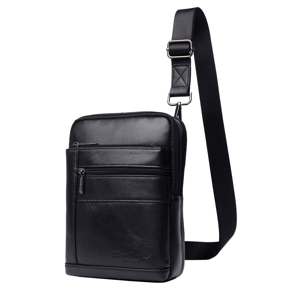 Hebetag Small Leather Sling Shoulder Bag Messenger Pack for Men Women Outdoor Travel Business, #05black(s), 17cm(W)x6cm(D)x24cm(H)(6.69x2.36x9.44") approx;