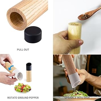 Salt and Pepper Grinder set, Manual Spice Mill,Wooden Shaker with Adjustable Core, Modern Kitchen Accessories, Pack of 2. Incl Wood Spoon & Cleaning Brush