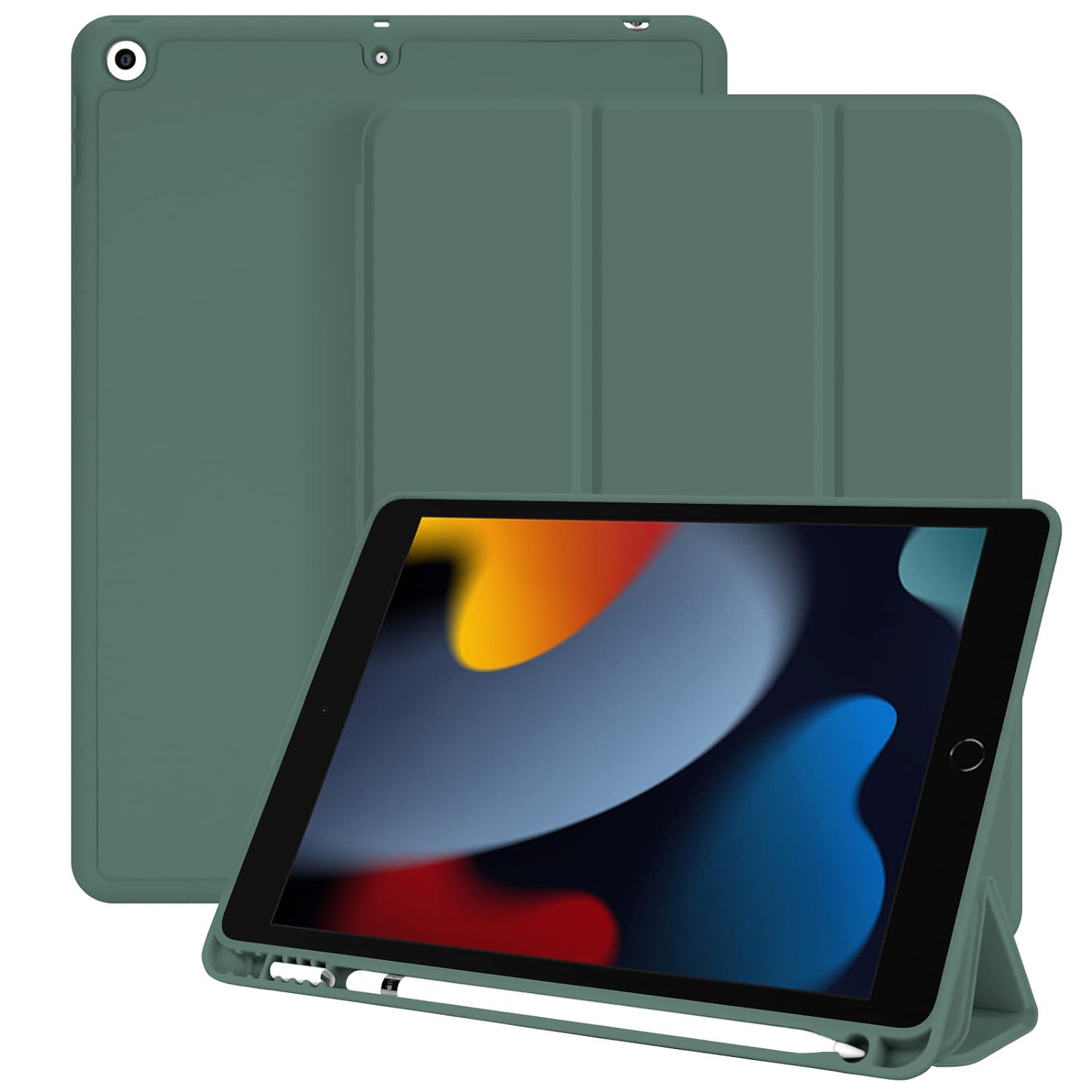 Dwopar iPad 10.2 Case, Protective Cover with Pencil Holder, Auto Sleep/Wake, Slim Soft TPU Back, Green