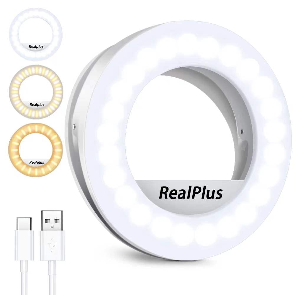 RealPlus Selfie Light for Phone, Ring Light for Phone [Rechargeable] with 3 Colors & 40 LEDs, Dimmable Phone Selfie Ring Light for Phone, Tablet, Laptop, Zoom Meeting, Makeup, Video