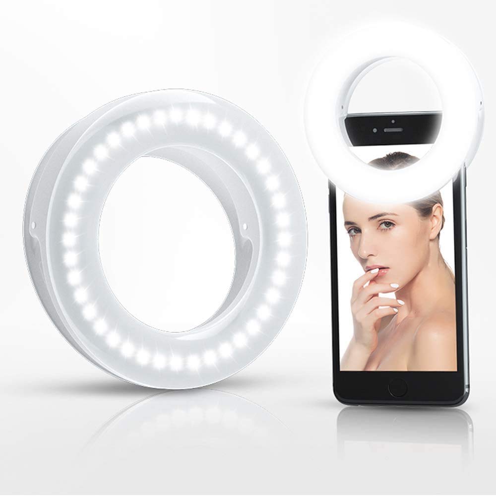 Selfie Ring Light, XINBAOHONG Rechargeable Portable Clip-on Selfie Fill Light with 40 LED for Smart Phone Photography, Camera Video, Girl Makes up (White, 40LED)