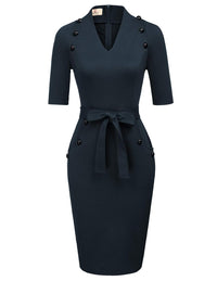 Women's Official V Neck Half Sleeve Chic Business Sheath Dress M Navy Blue