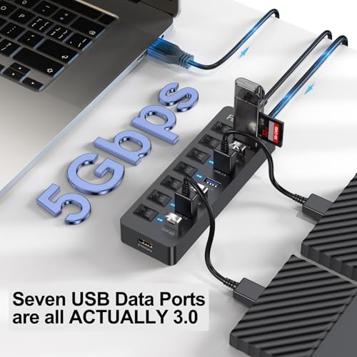 Powered USB Hub 3.0: 7-Port High-Performance Data Transfer – Close-up Detail