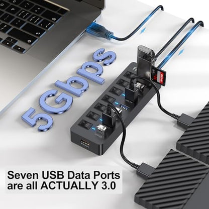 Powered USB Hub 3.0: 7-Port High-Performance Data Transfer – Close-up Detail