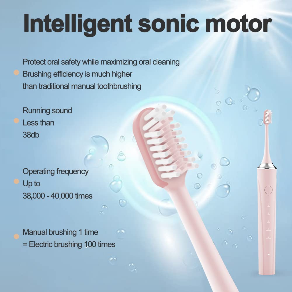 MYCIEMDIX Pink Electric Toothbrush with Travel Case,Sonic Toothbrush for Adults Rechargeable with Auto Timer and IPX7 Waterproof,Travel Electric Toothbrush USB with 8 Brush Heads,5 Models