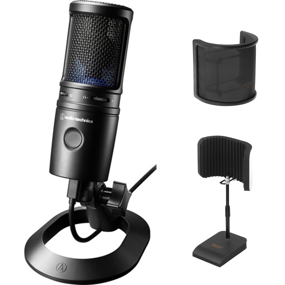 Audio-Technica Cardioid Condenser USB Microphone (AT2020USBX) Bundle w/Desktop Reflection Filter with Mic Stand & Mic Pop Screen