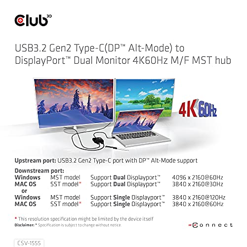 Club 3D CSV-1555: USB3.2 Gen2 Type-C to DisplayPort Dual – In Use
