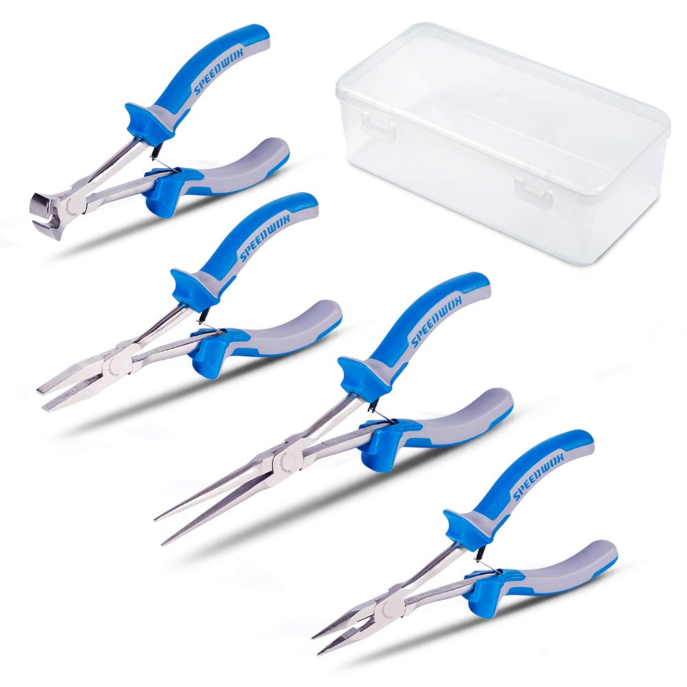 SPEEDWOX Long Reach Pliers Set with Storage Box 4 Piece Mini Pliers Kit Precision Slim Wire Cutters Fine Pliers for Hard to Reach Narrow Spaces High Leverage Reduce Efforts Tools for Mechanical Work