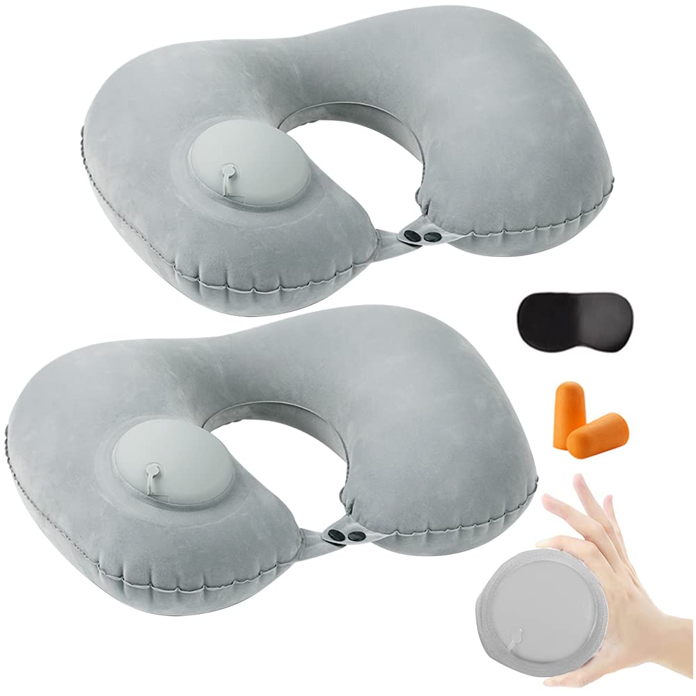 KLERICER 2PCS Inflatable Travel Pillow, Adjustable Inflatable Neck Pillow, Portable Fast Inflatable Pillow U-Shaped with Eye Mask,Earplug and Carry Bag, for Airplanes,Traveling,Lumbar Support (Grey)
