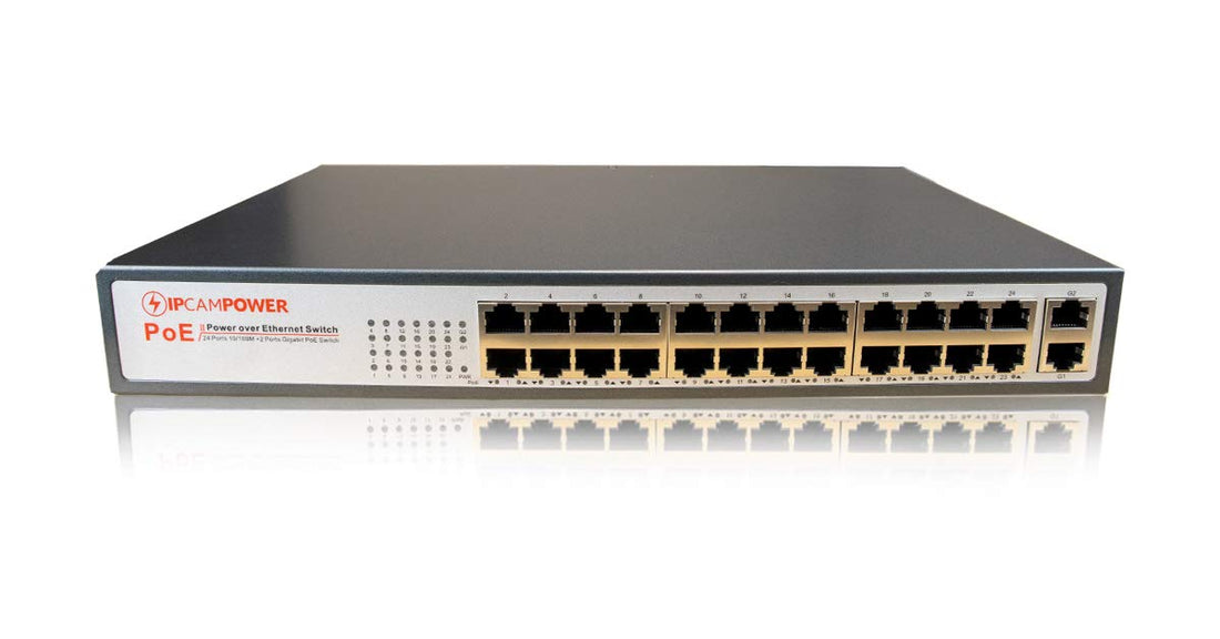 IPCamPower 24 Port POE Network Switch W/ 2 Gigabit Uplink Ports | Designed for IP Cameras | POE+ Capable of Pushing 30 Watts per Port | 250 Watts Total Budget