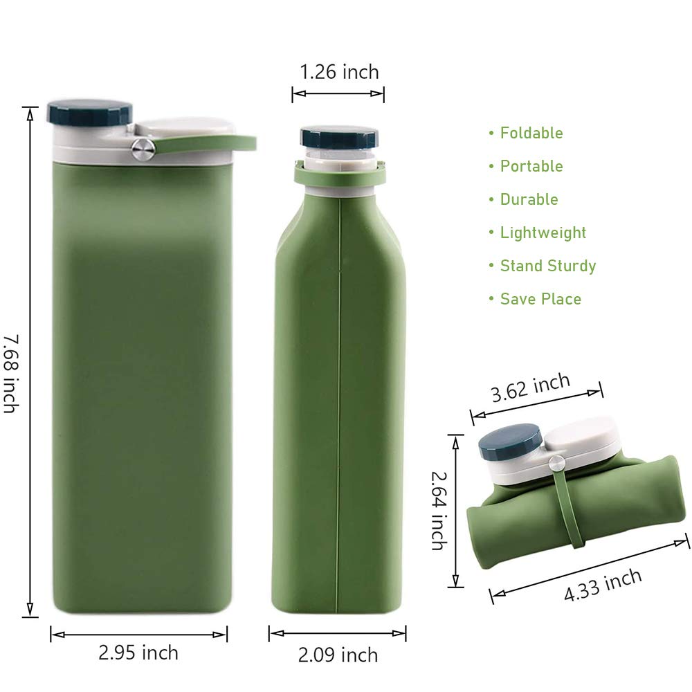 E-Senior Collapsible Foldable Water Bottle Silicone Lightweight Leak Proof BPA Free for Hiking Travel Outdoor Sports 20oz (Green)