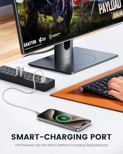 Powered Hub: 11-Port USB Hub Splitter with 7 USB 3.0 Data – In Use