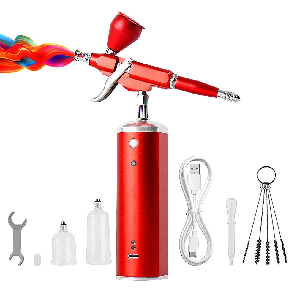 Evargc Airbrush Kit, Rechargeable Cordless Airbrush w/Compressor Auto Start/Stop Airbrush Gun 0.3mm Nozzle 30PSI Dual Action Air Brush for Barber, Nail Art, Cake Decor, Makeup, Model Painting (red)