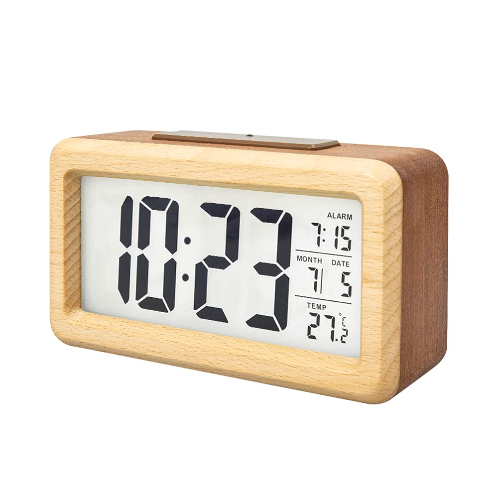 Digital Alarm Clock Battery Operated, Wooden Smart Night Light Digital Clock LCD Display, Snooze Function, Room Temperature, Small Clocks for Bedroom, Beside Desk
