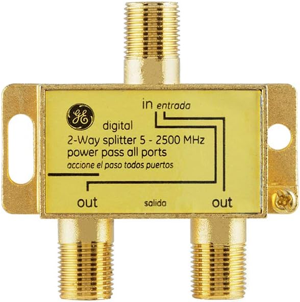 GE Digital 2-Way Coaxial Cable Splitter, 2.5 GHz 5-2500 MHz, RG6 Compatible, Works with HD TV, Satellite, High Speed Internet, Amplifier, Antenna, Gold Plated Connectors, Corrosion Resistant, 33526