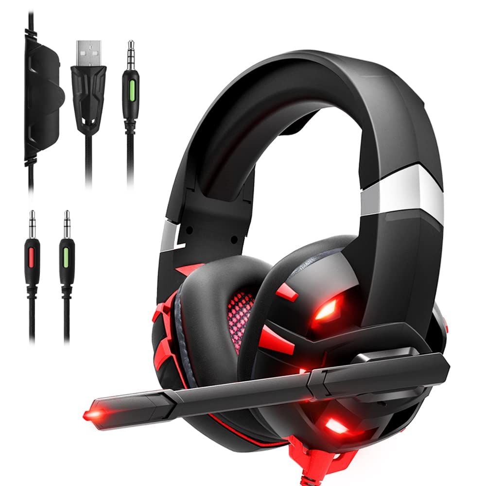 GIZORI Gaming Headset Xbox Headset, PS5 Headset with 7.1 Surround Sound Stereo, Gaming Headphones with Noise Canceling Mic & LED Light, Compatible with Xbox Series X|S, PS4, PS5, PC (Red), (K2)