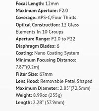 Rokinon RK12M-MFT 12mm F2.0 NCS CS Ultra Wide Angle Fixed Lens for Olympus and Panasonic Micro 4/3 (MFT) Mount Digital Cameras (Black)