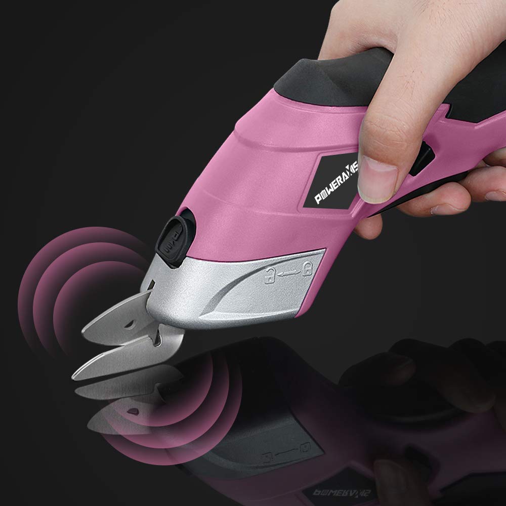 Electric Scissors, POWERAXIS Multi Cordless Electric Fabric Scissors with Two Blades, Electric Cutter for Fabric, Leather, Carpet,Paper,Cardboard with Release Safety Switch（Pink）