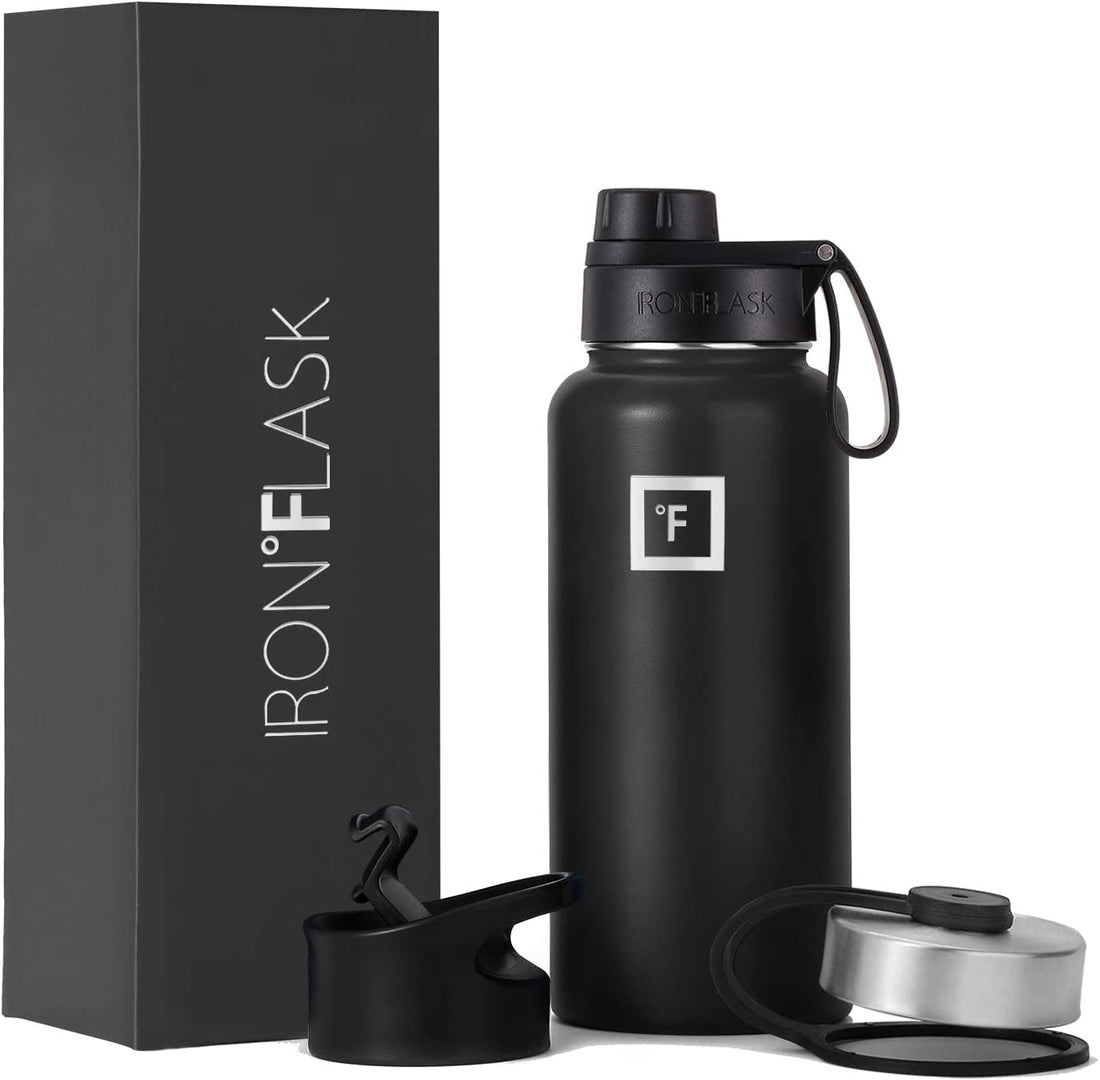 IRON °FLASK Sports Water Bottle - 32 Oz, 3 Lids (Spout Lid), Vacuum Insulated Stainless Steel, Hot Cold, Modern Double Walled, Simple Thermo Mug, Hydro Metal Canteen (Black)