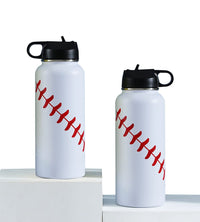 32 oz Baseball Sports Water Bottle Insulated 2 Lids Straw Travel Tumbler Durable Stainless Steel Vacuum Bottle (white)