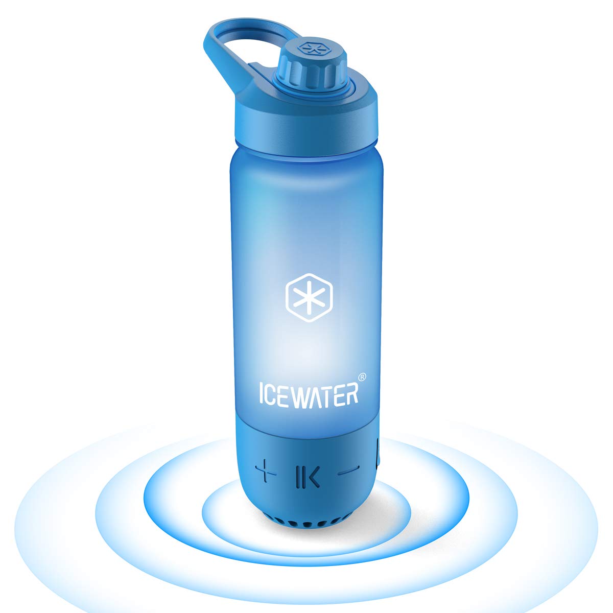 ICEWATER 3-in-1 Smart Water Bottle, Glows to Remind You to Keep Hydrated, Bluetooth Speaker & Dancing Lights, Plastic Water Bottle With Soft Auto Straw Lid, Great Gift (20 oz, Blue)
