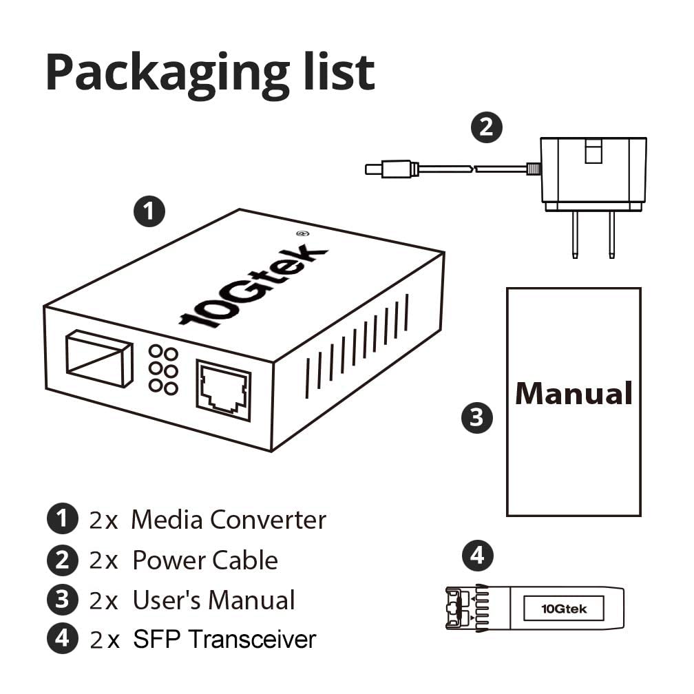 10Gtek Gigabit Ethernet Media Converter, MultiMode Dual LC Fiber to Ethernet RJ45 Converter for 10/100/1000Base-Tx to 1000Base-SX(with a SFP MMF 850-nm Module), UL Certified, up to 550-m, Pack of 2