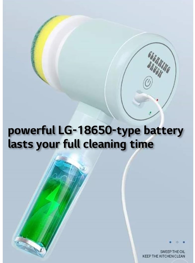 Powerful Spin-Head Cleaning Brush: Portable IPX7 Waterproof 3 Brush Types 3HR Working by LG 18650-type Battery 1-Touch Start for Stubborn Grease & Stain (Sky Blue)