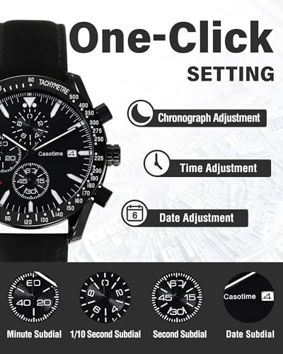 Men Leather Watch: Casotime Chronograph 30M Waterproof Big – Close-up Detail