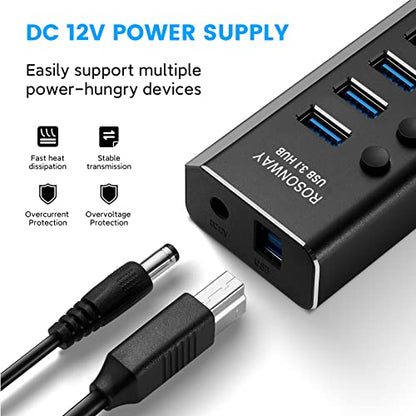 Powered USB Hub: Rosonway Aluminum 13 Port USB 3.1/3.2 Gen – Back View